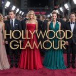 Celebrities posing on the red carpet in glamorous designer gowns and tailored suits, showcasing iconic Hollywood fashion trends.
