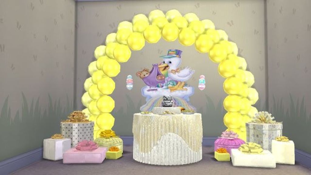 A colorful display of baby shower cookies inspired by The Sims 4 Legacy Challenge, featuring pastel designs and themed decorations