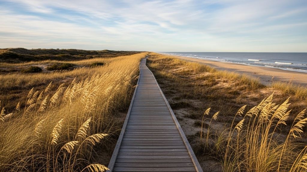 Wooden boardwalk leading through coastal dunes to secluded beach, wild sea oats swaying in February breeze on quiet barrier island