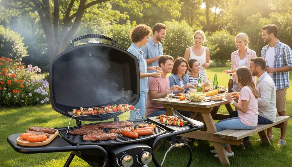 Friends and family enjoying outdoor meals at a backyard weekend gathering with a sturdy four-burner grill in action