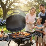 Happy family gathered around a large multi-burner gas grill during a sunny weekend barbecue with food sizzling