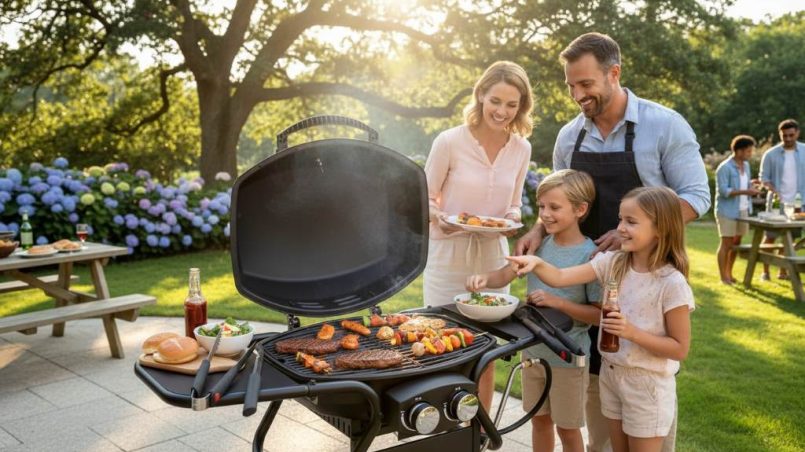 Happy family gathered around a large multi-burner gas grill during a sunny weekend barbecue with food sizzling