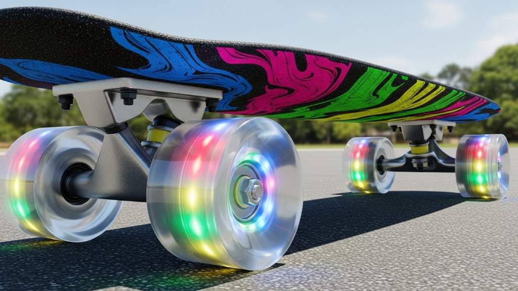 Sangde Easy Way 31-inch cruiser skateboard showing the colorful graphic deck, black grip tape, aluminum trucks, and flashing PU wheels ready for riding