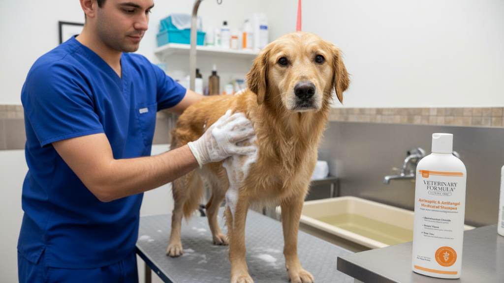 Vet applying medicated shampoo to dog's skin for yeast overgrowth control