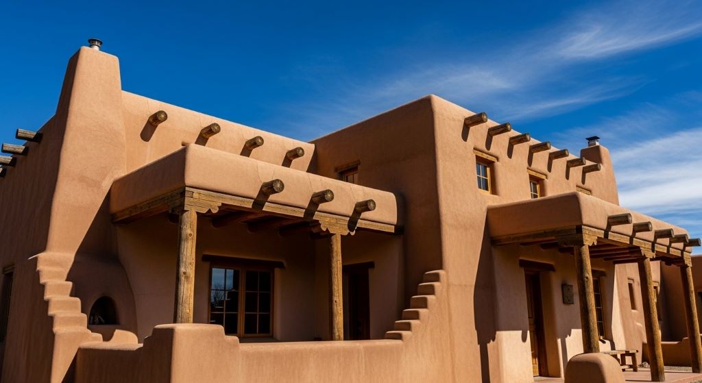Adobe pueblo revival architecture building with earth-tone walls and wooden vigas under blue sky in Santa Fe New Mexico