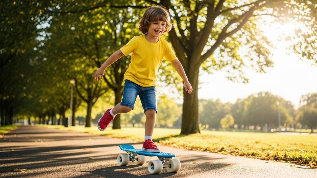 Young child happily riding a blue cruiser skateboard in a sunny park, smiling while balancing and pushing along a paved path with trees in the background