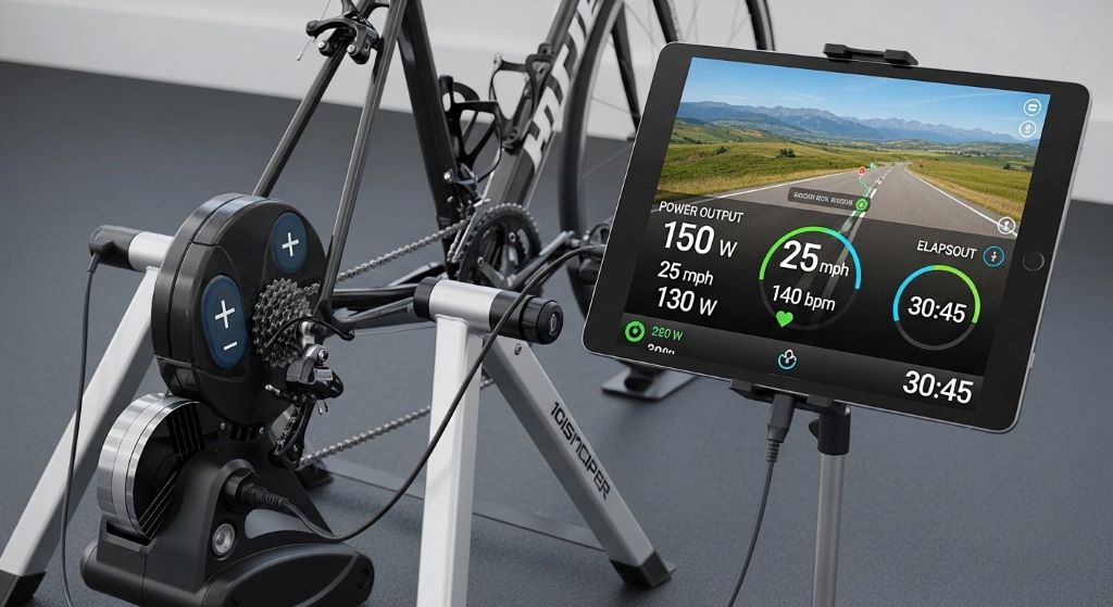 Smart bike trainer connected to tablet displaying resistance adjustment controls and workout metrics