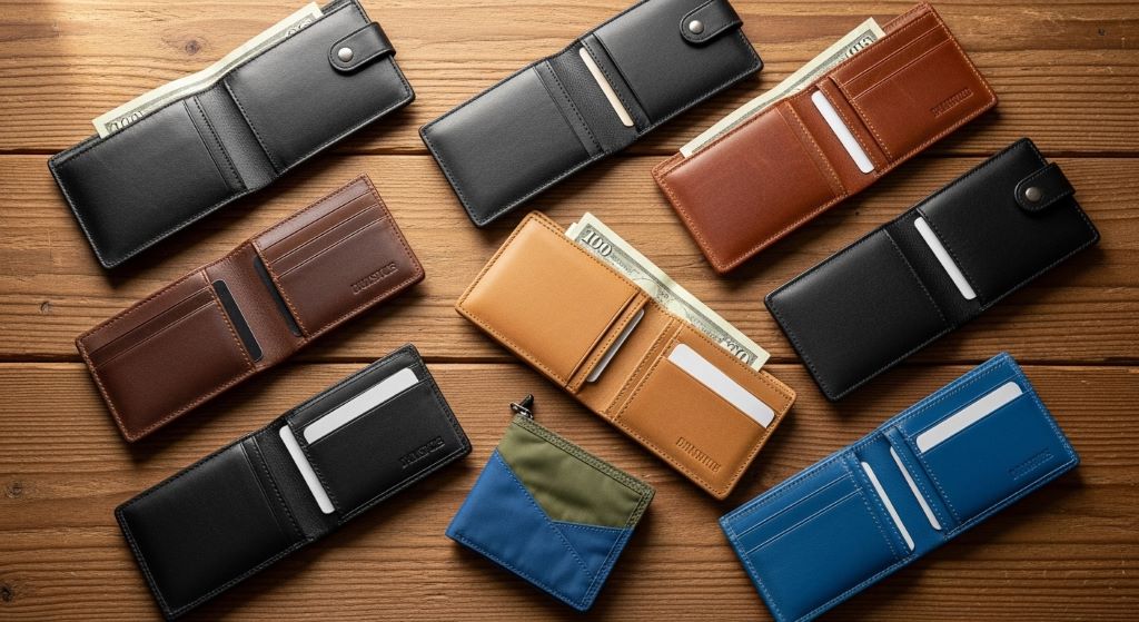 Flat lay of several slim men’s wallets in leather and nylon on a wooden surface, showing different styles and materials