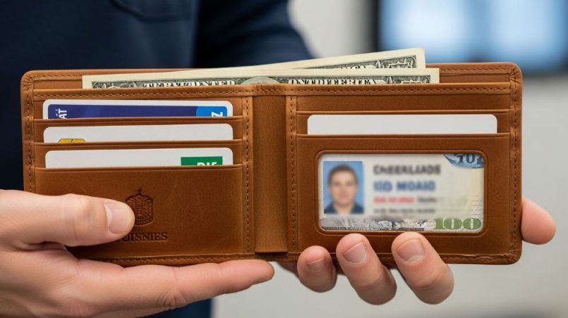 A man holding an open full-grain leather bifold wallet showing multiple card slots and cash compartment