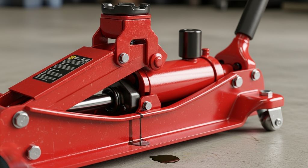 Close-up of a durable steel car jack with hydraulic pump mechanism