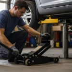 Mechanic using a heavy-duty floor jack to lift a car in a home garage