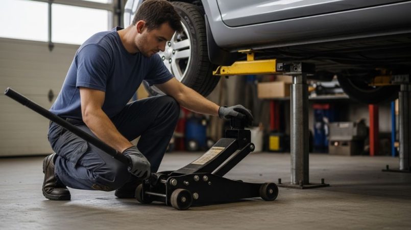 Mechanic using a heavy-duty floor jack to lift a car in a home garage