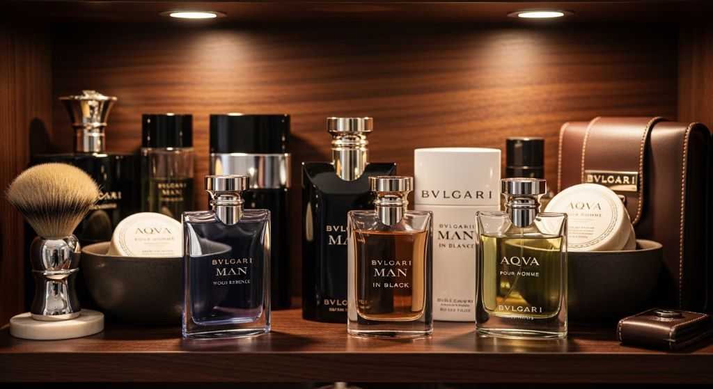 Collection of Bvlgari men’s fragrances displayed on a luxury grooming shelf with warm lighting