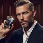 A man holding a bottle of Bvlgari Man in Black perfume against a dark, elegant background