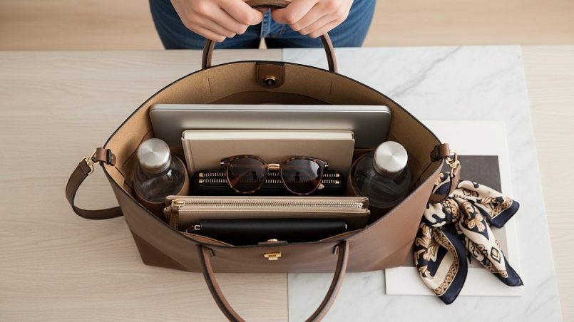 Professional leather large luxury tote bag carrying laptop and documents