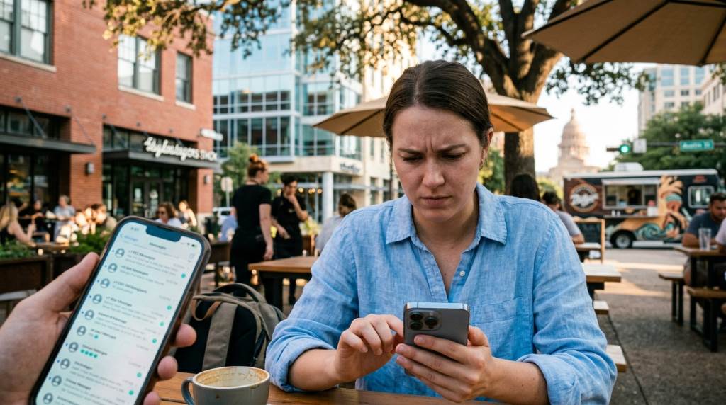Apple iPhone displaying stuck iMessages in hot Austin Texas outdoor setting