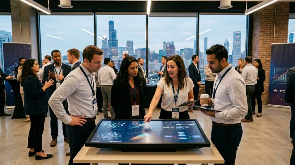 Business analysts in Chicago using AI dashboards and predictive analytics tools during a tech event