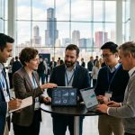 Data professionals in Chicago attending an AI analytics conference and discussing machine learning strategies