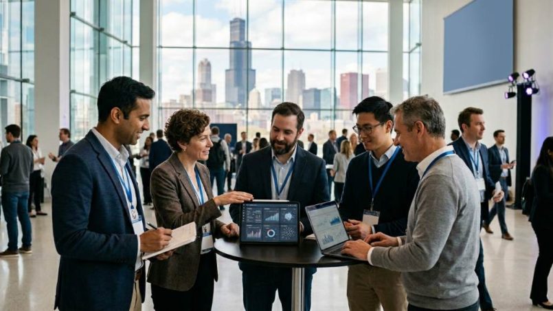 Data professionals in Chicago attending an AI analytics conference and discussing machine learning strategies