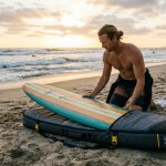 Surfer placing a longboard into a padded travel surfboard bag at the beach