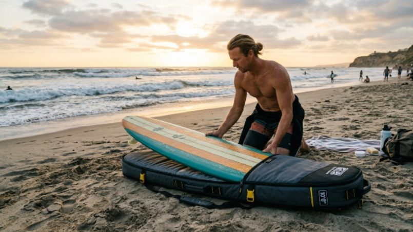 Surfer placing a longboard into a padded travel surfboard bag at the beach