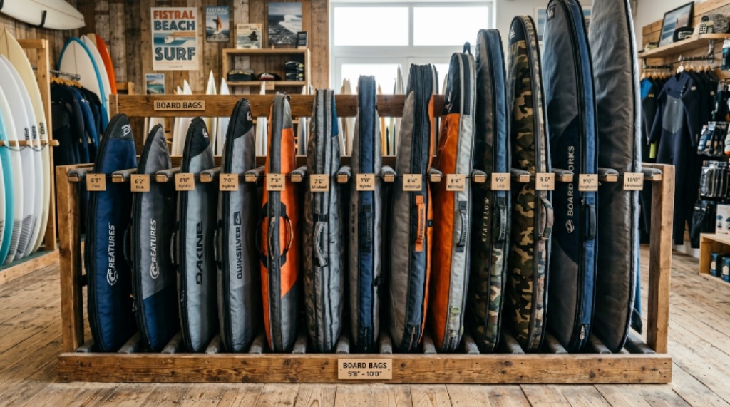 Collection of surfboard bags in different sizes displayed on a rack for board storage