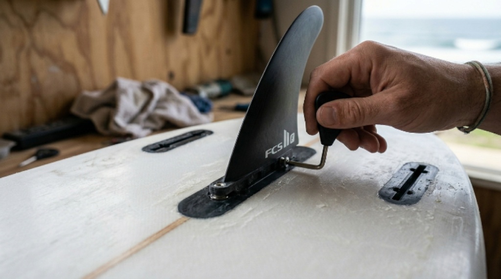 Close-up of surfboard fin screw installation showing proper fin alignment in an FCS fin box