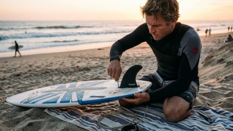 Surfer installing a fin into a surfboard fin box using a fin key on the beach