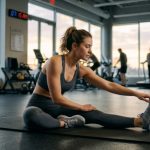 A woman in a fitted sports bra and high-waisted leggings stretching before a morning gym workout