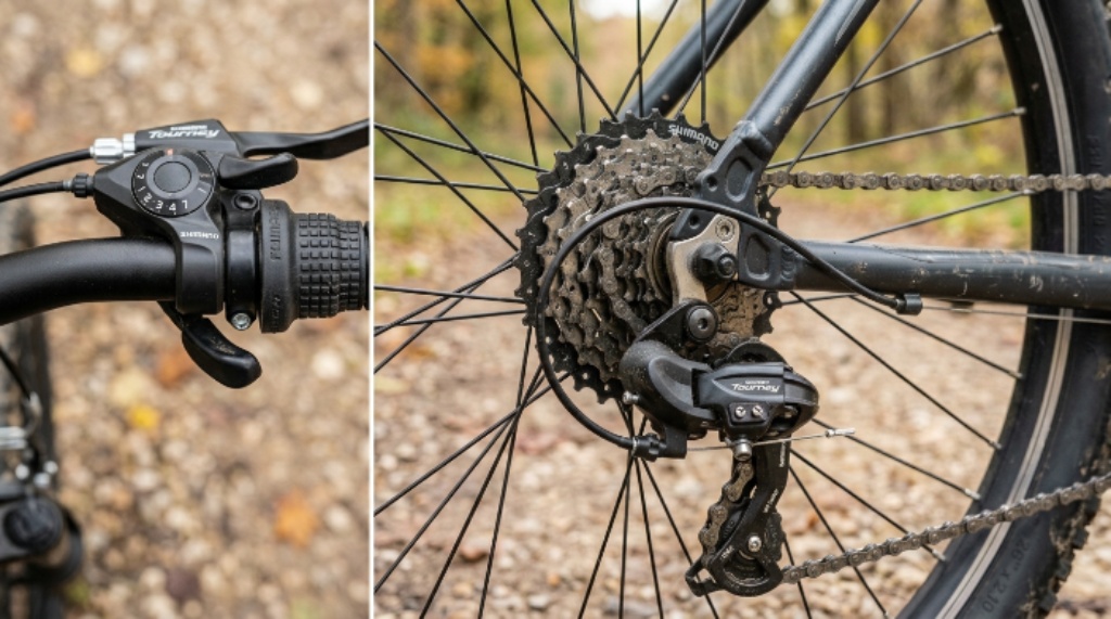 Close-up of a 21 speed mountain bike gear shifter and rear cassette sprocket system