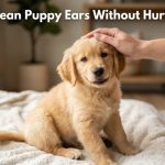 Golden Retriever puppy with text overlay reading How to Clean Puppy Ears Without Hurting Them.