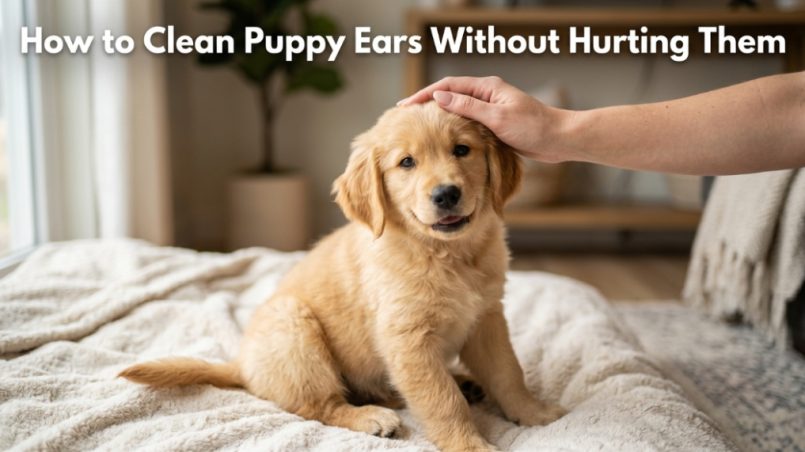 Golden Retriever puppy with text overlay reading How to Clean Puppy Ears Without Hurting Them.