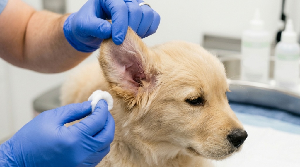 A person gently wiping the inside of a puppy's ear flap with a soft cotton ball.