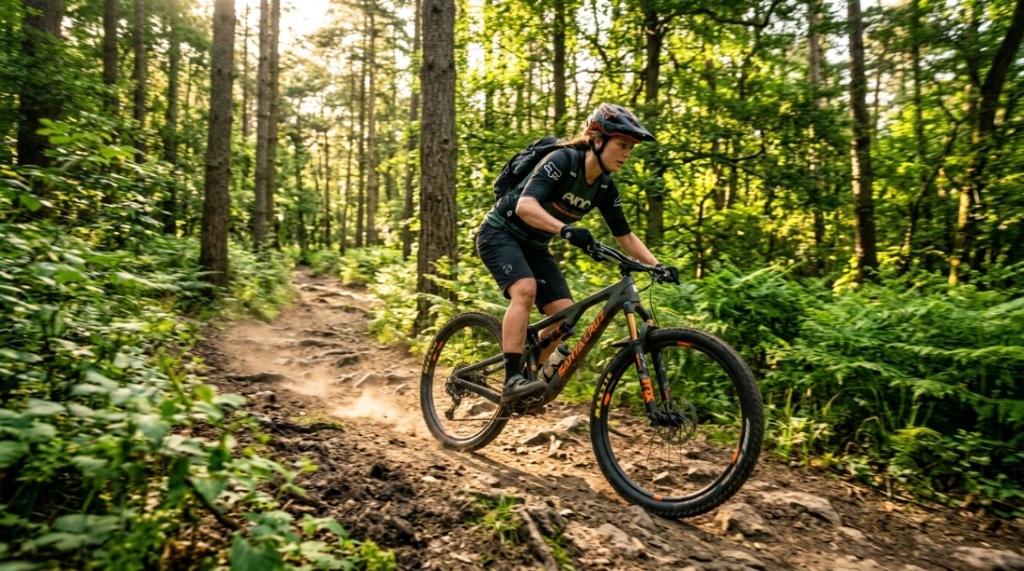 A person checks frame size while standing over a mountain bike.