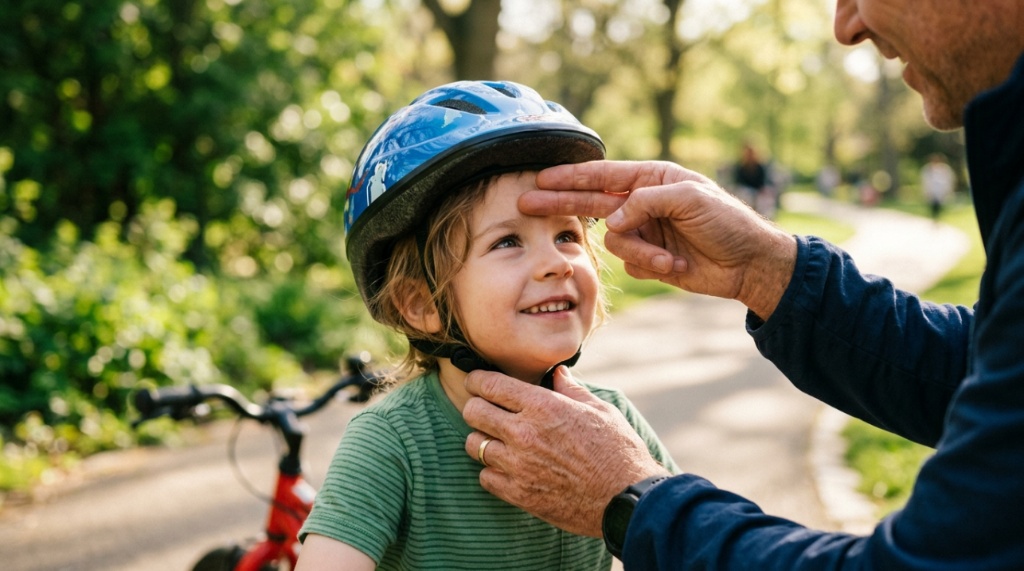 Parent using two fingers to test correct fit of a kids bike helmet.