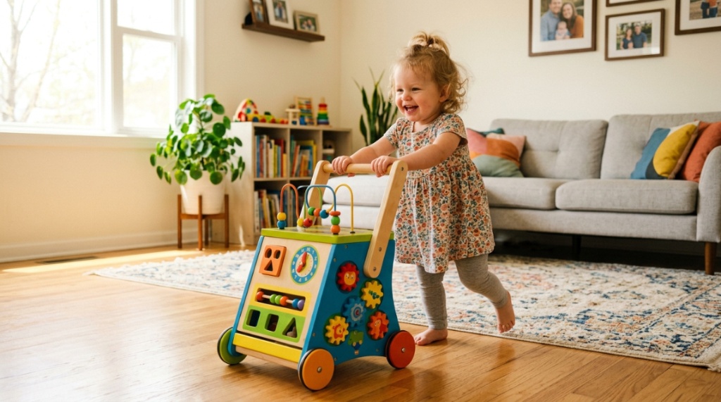 Close up of rubber trimmed wheels on stable baby push walker toy.