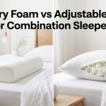 screen graphic comparing solid memory foam and adjustable pillows in a bedroom.