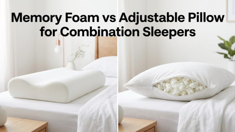 screen graphic comparing solid memory foam and adjustable pillows in a bedroom.