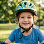 Young child smiling outdoors while wearing a properly fitted safe kids bike helmet.