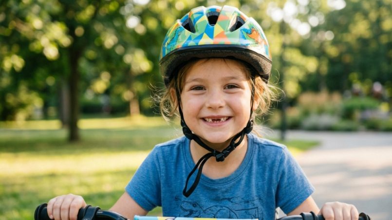 Young child smiling outdoors while wearing a properly fitted safe kids bike helmet.