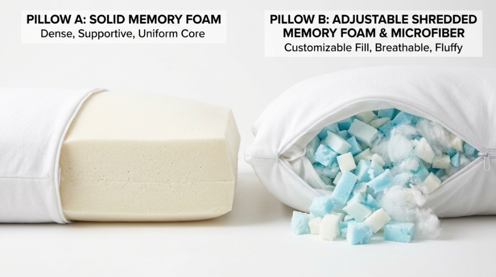 Close up view comparing solid memory foam core with removable shredded pillow filling.