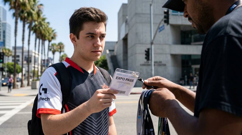 Gaming convention attendee checking digital event pass