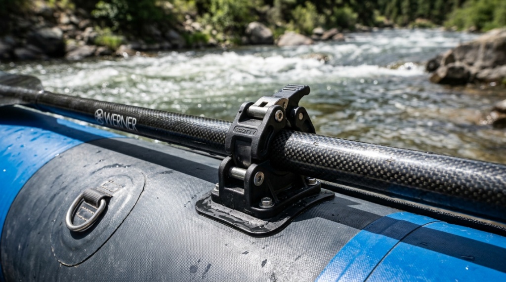 Canoe paddle securely tucked under deck bungee cords.