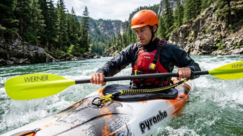 Kayaker securing paddle with a coiled leash on a calm river.