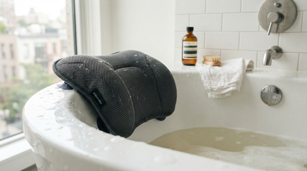 Close-up of a waterproof bath pillow secured to a porcelain tub wall in a compact apartment bathroom.