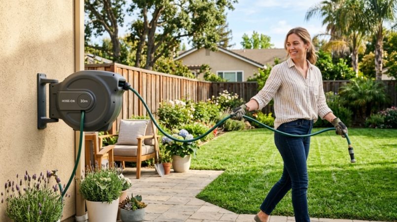 A homeowner cleanly mounting a retractable garden hose reel on an exterior wall.