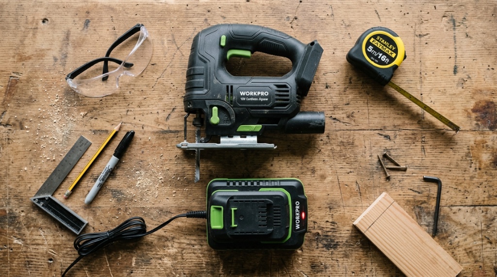 Woodworker cutting a curved line in plywood using a cordless jigsaw.