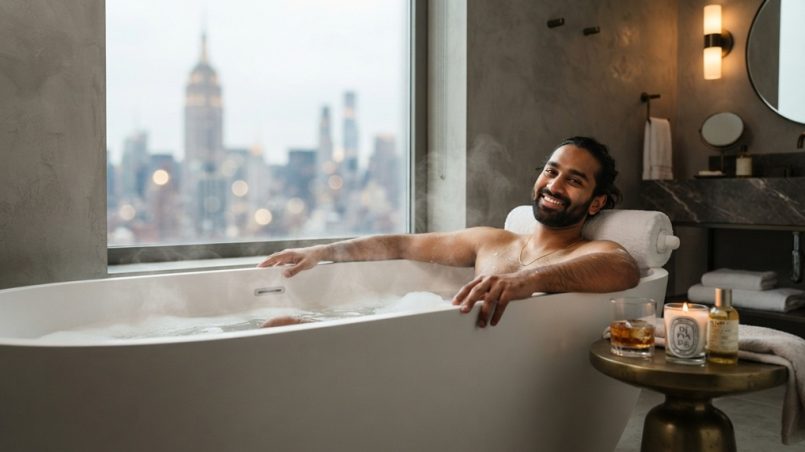 A smiling South Asian man relaxing in a sleek New York City apartment bathtub using an ergonomic bath pillow.