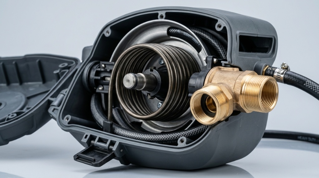 Close-up of an automatic spring-lock mechanism inside a durable hose casing.