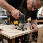 Cordless jigsaw with battery charger and safety glasses on a wooden workbench.